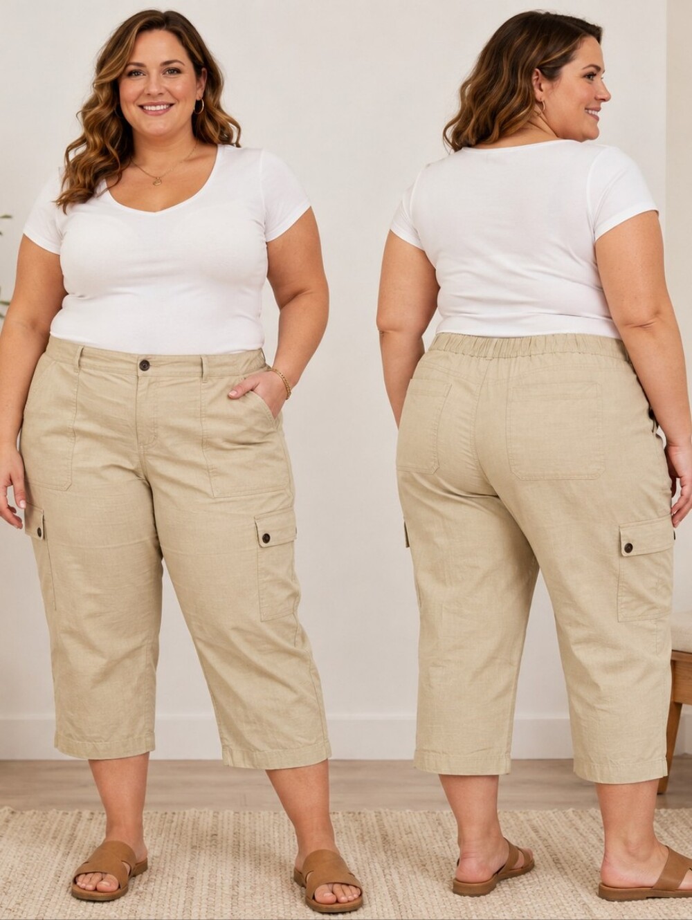 Ava & Viv Plus Size 4X Linen Blend Cargo Capri Pants Khaki Contemporary Casual •
